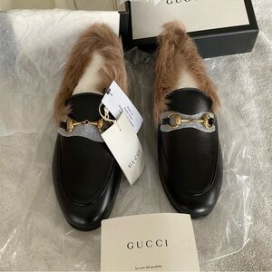 Gucci black Fur Loafers Jordaan horsebit size 7 / 37 new in box w/dust bags